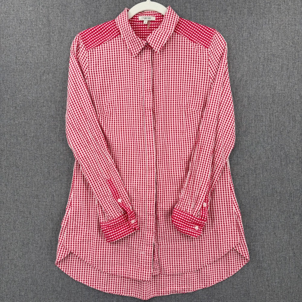 Tyler Boe Red Gingham Button Front Peplum Blouse Top Tunic 8 Cottagecore Preppy